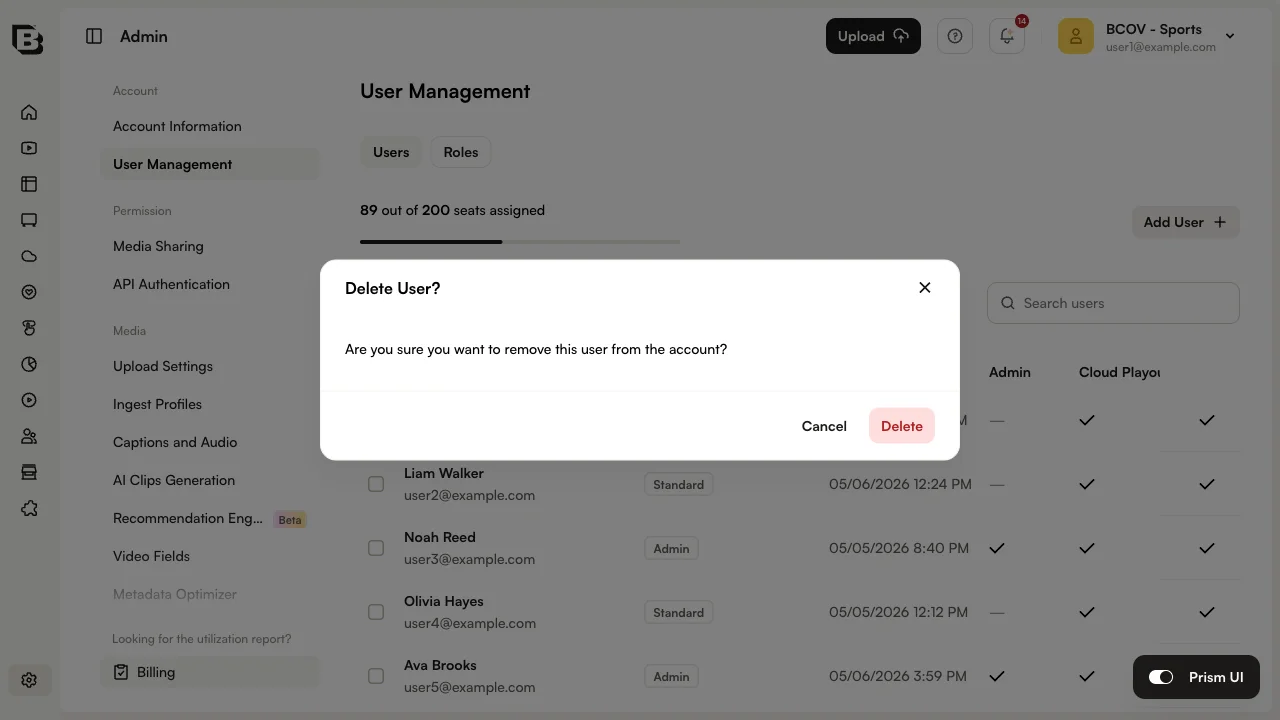 Delete user confirmation