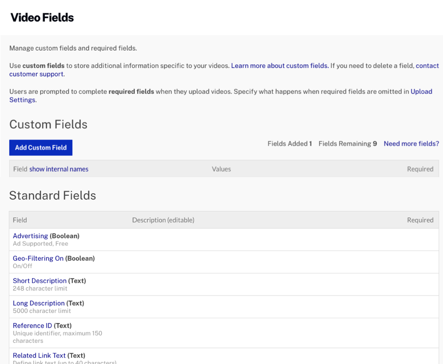 Video Fields page