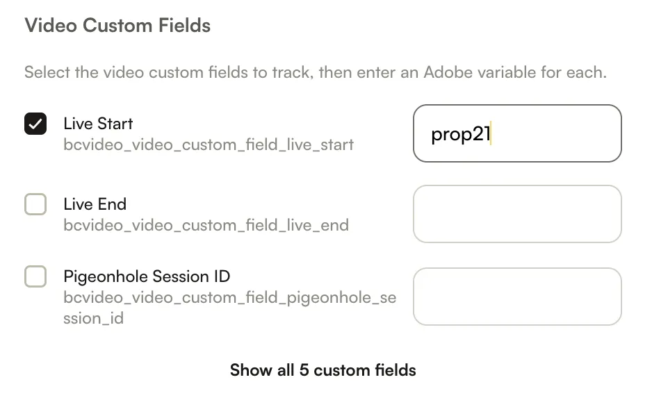Video Custom Fields at the end of Parameters for Tracking, with the Live Start custom field checked and mapped to prop21