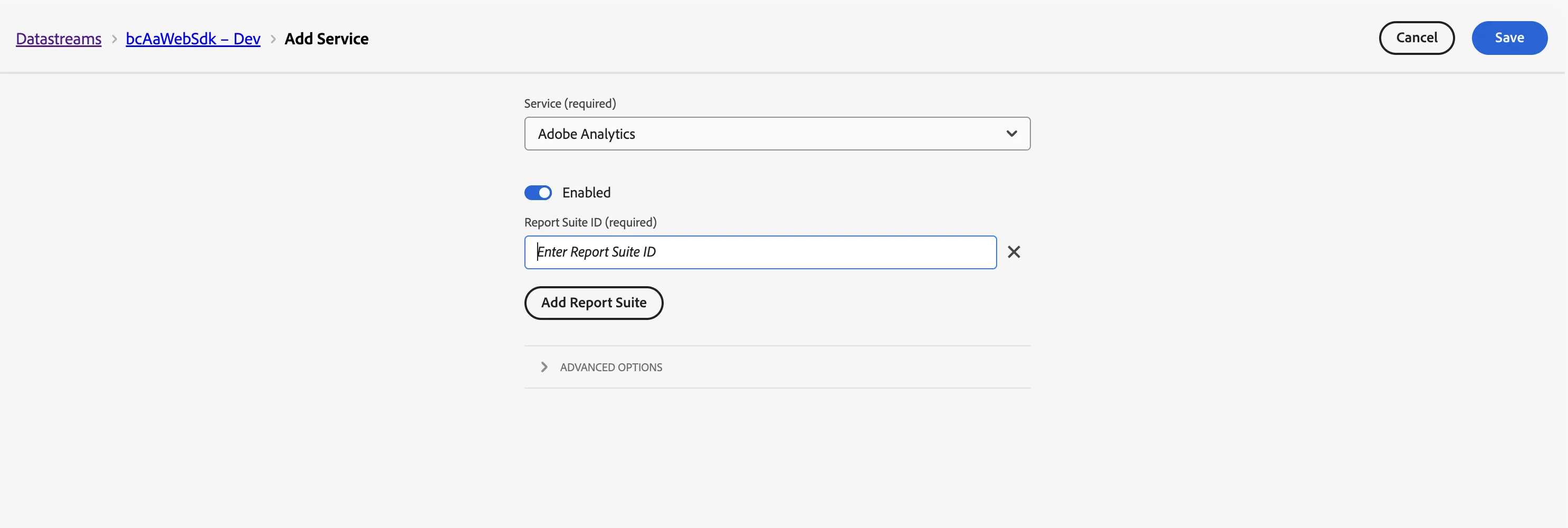 Adding the Adobe Analytics service to a datastream, showing the Report Suite ID field