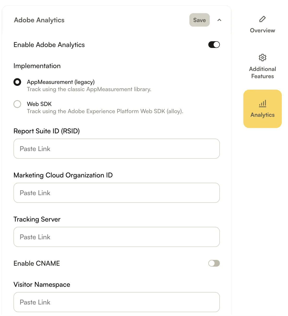 AppMeasurement (legacy) connection fields in the Players module: Report Suite ID, Marketing Cloud Organization ID, Tracking Server, Enable CNAME, and Visitor Namespace
