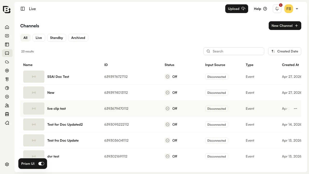 Live module Channels list