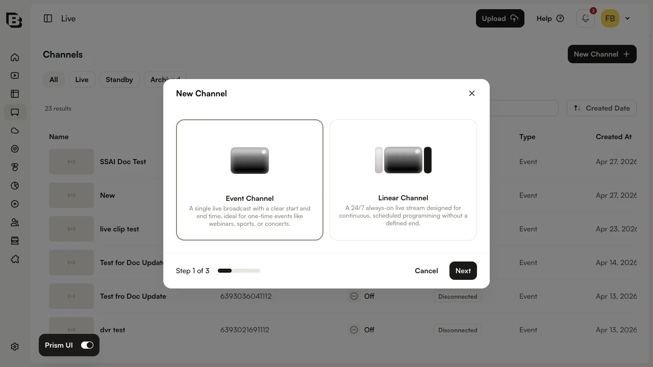 New Channel wizard - Step 1: Event vs Linear