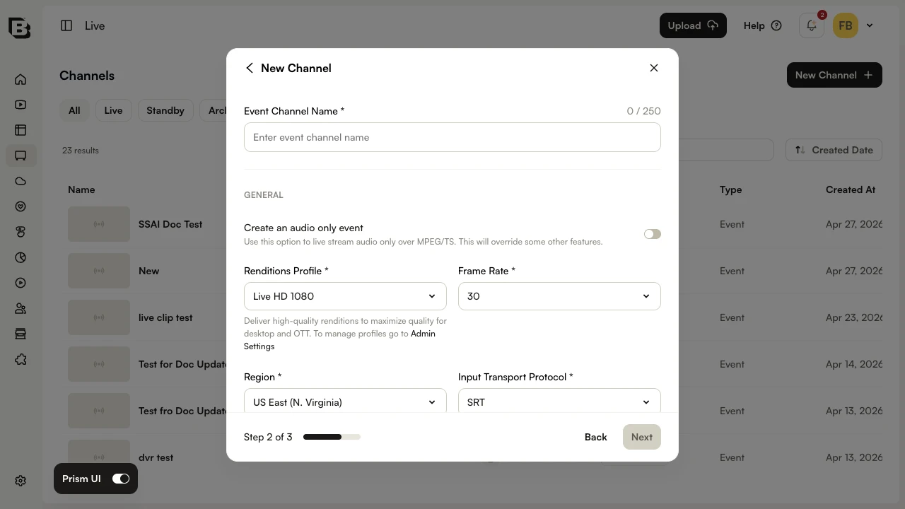 New Channel wizard - Step 2: name and general settings