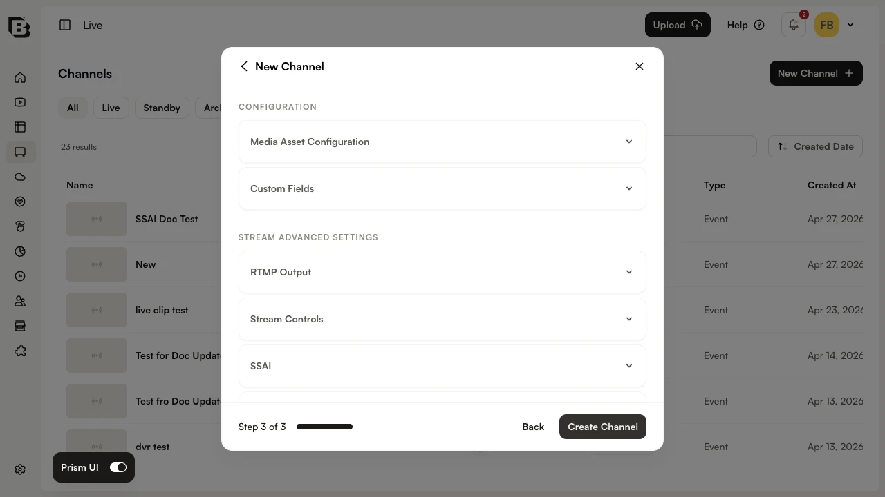 New Channel wizard - Step 3: configuration and advanced settings