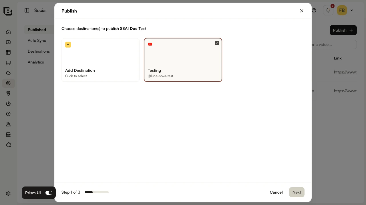 Publish dialog - choose destination (YouTube destination shown; Facebook destinations appear here when configured)